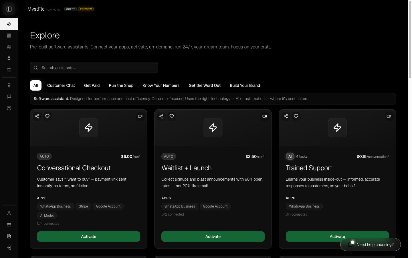 MystFlo explore page with assistant cards in a clean grid layout