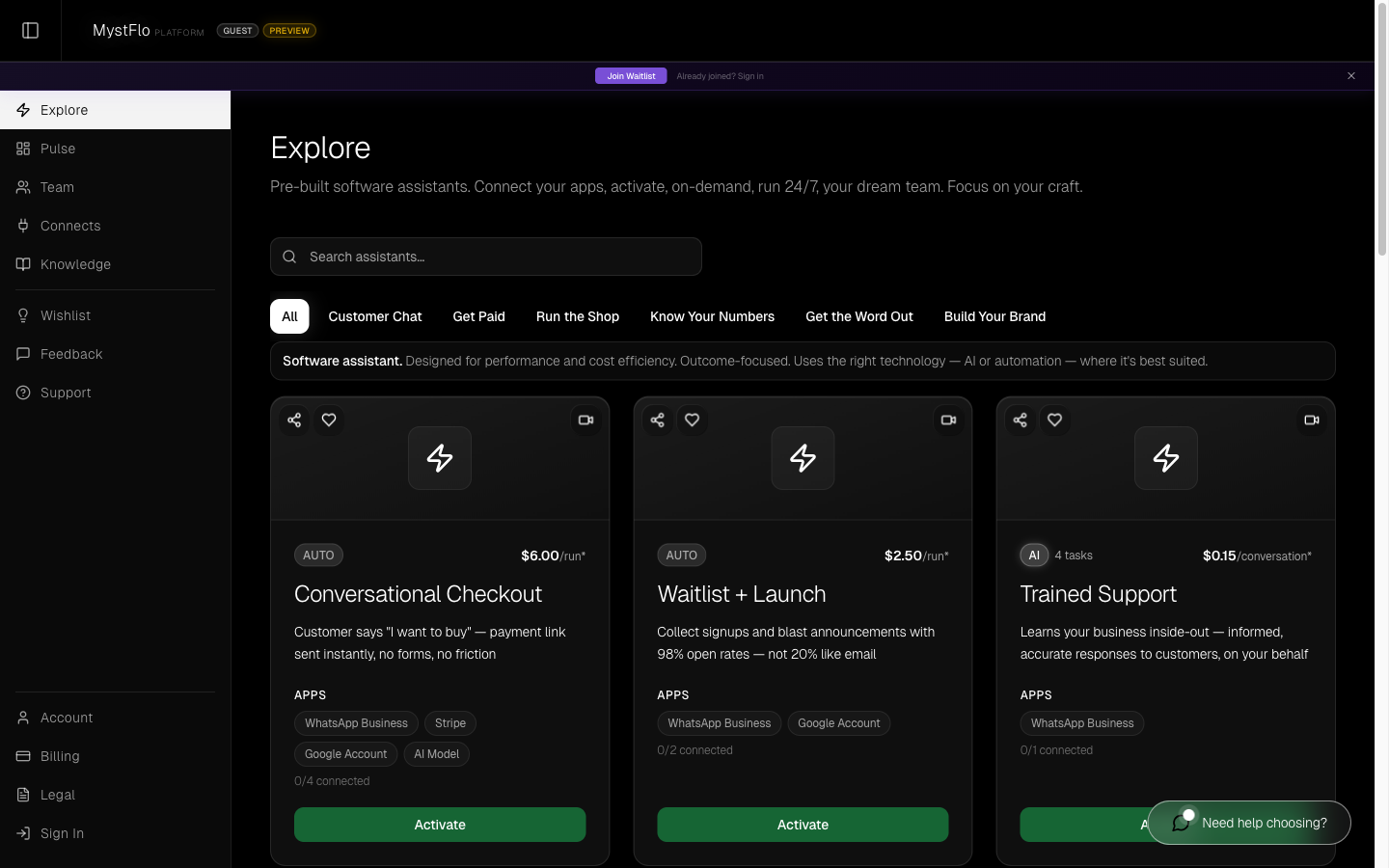 MystFlo platform showing the assistant explorer with pre-built assistants